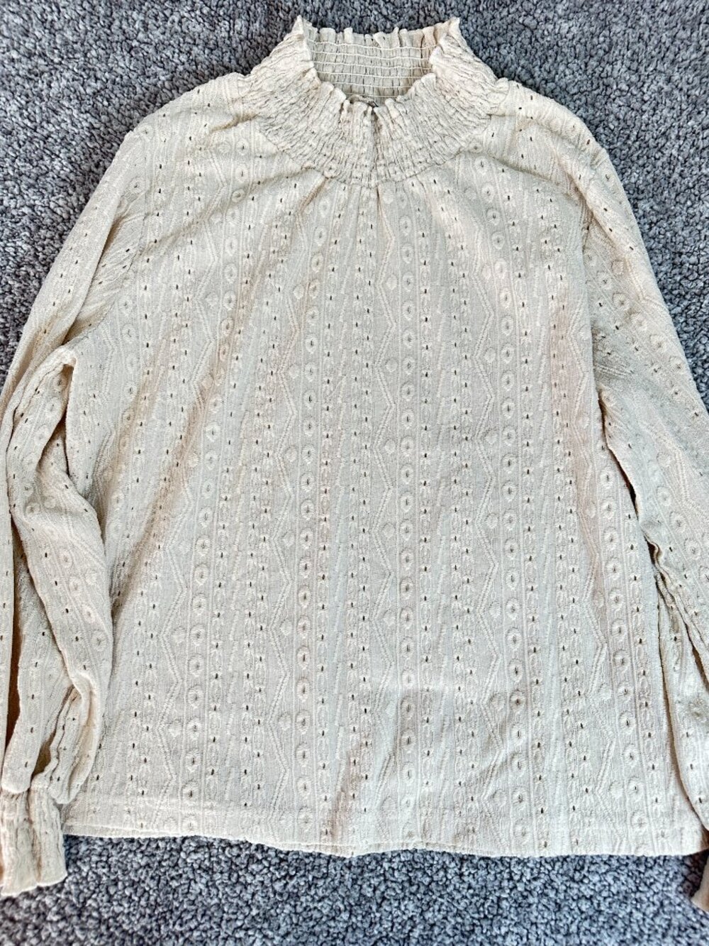 Cream Smocked Mock Neck Textured Blouse Lightweight Cottagecore Grandmacore Top - Picture 10 of 10
